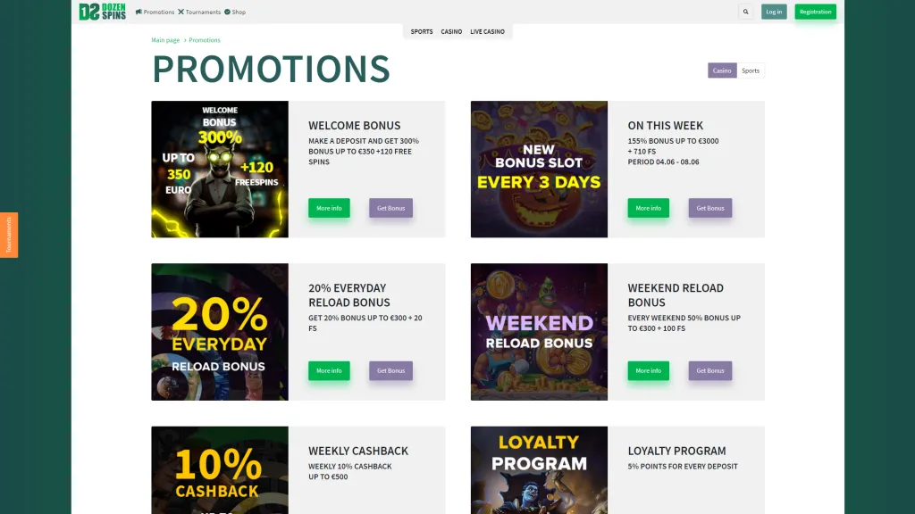 Promotion page at Dozen spins