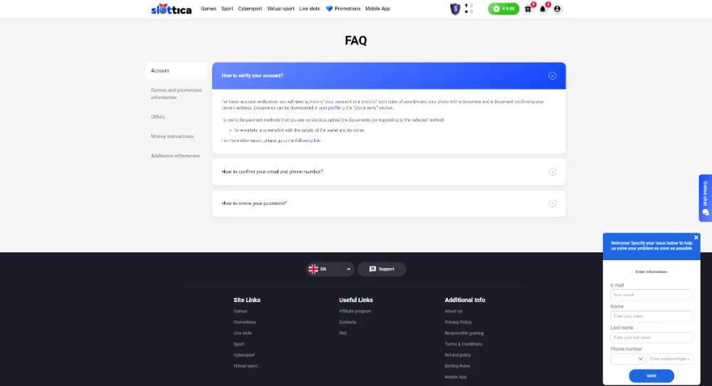 View of the FAQ page at Slottica