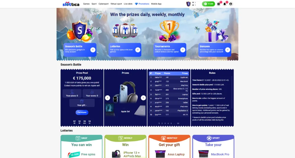 Win prizes daily, weekly, monthly at Slottica