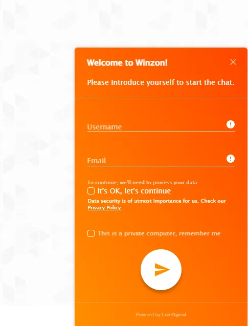 Chat pop-up at Winzon casino