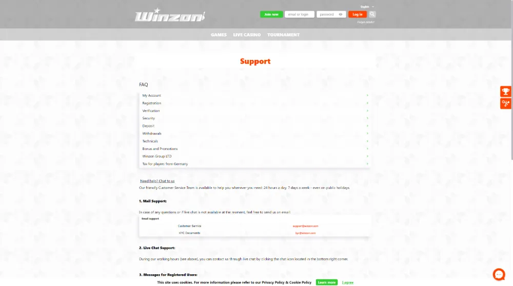 Winzon support page