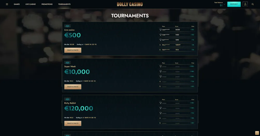 Tournament page at Dolly casino