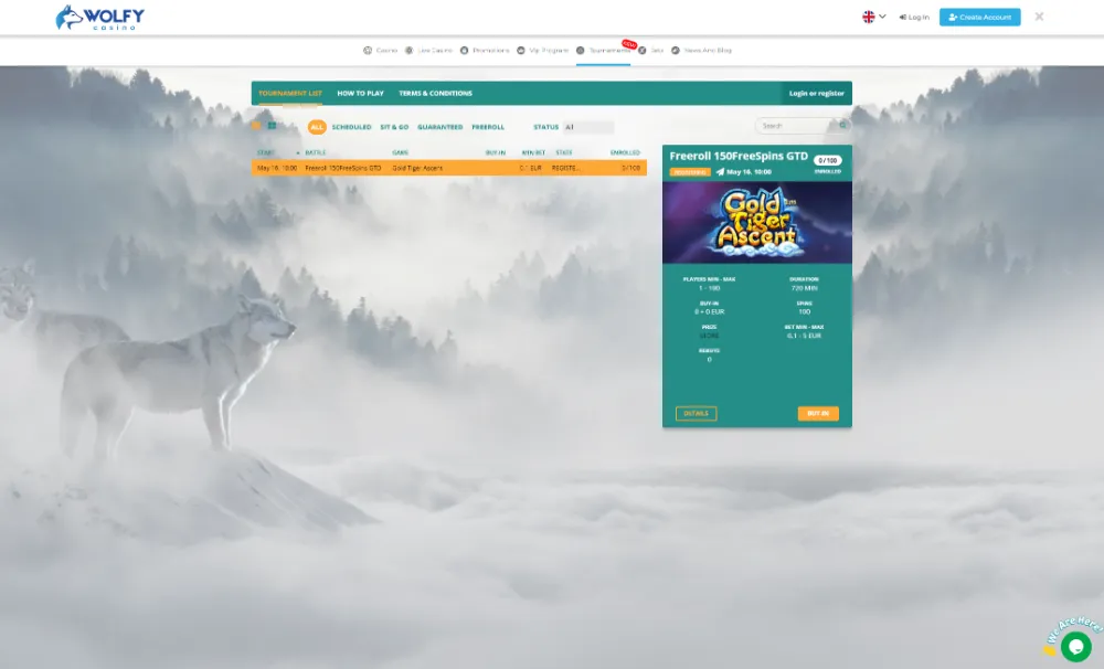 View of Wolfy casino tournament page