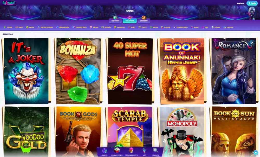 View of Casombie casino slots page
