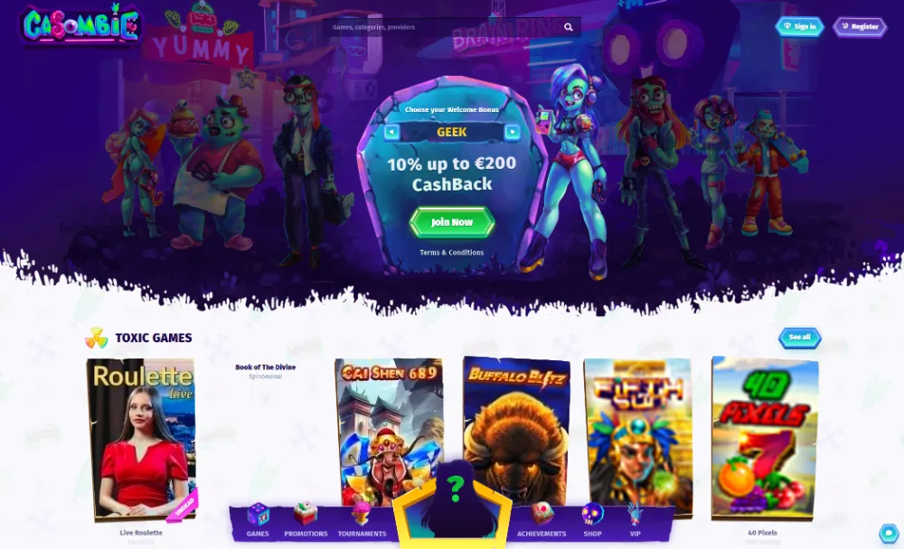 View of Casombie casino slots page