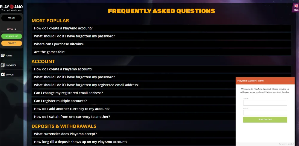 An overview of the FAQ at Playamo