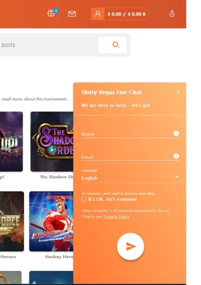 View of the live chat support widget at Slottyvegas Casino