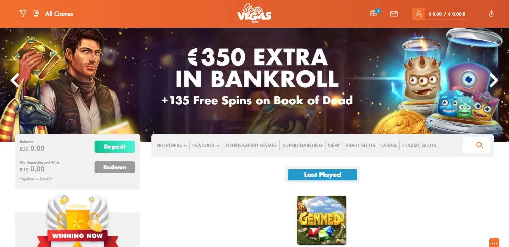 View of the first page on Slottyvegas online casino
