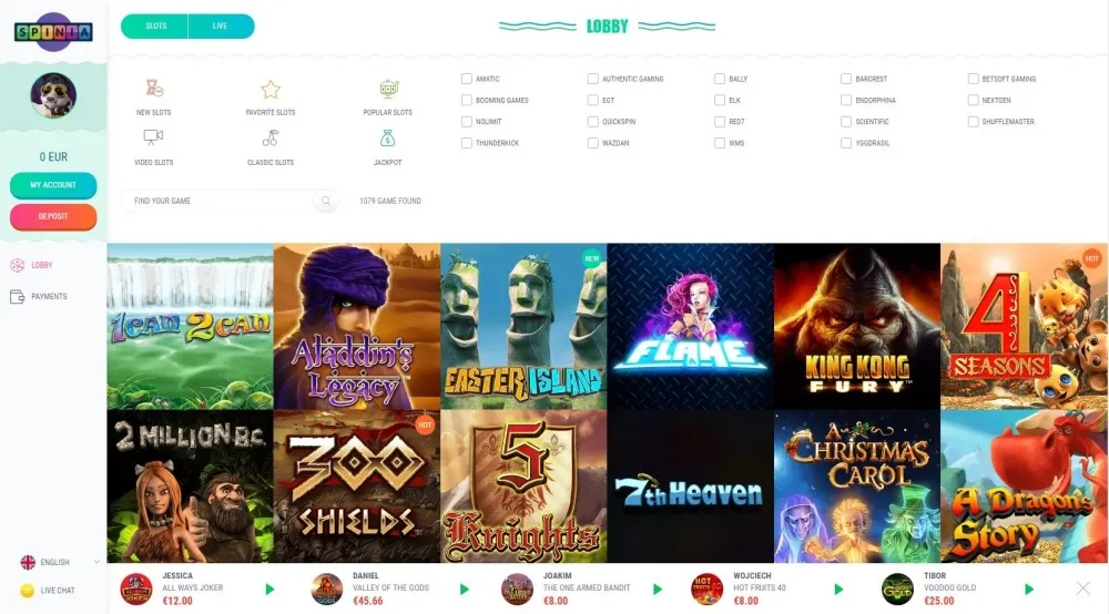 View of the slot game page