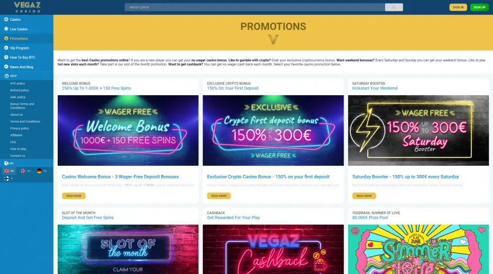Vegaz casino promotion page
