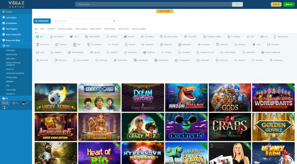 Overview of Vegaz casino slots game filter