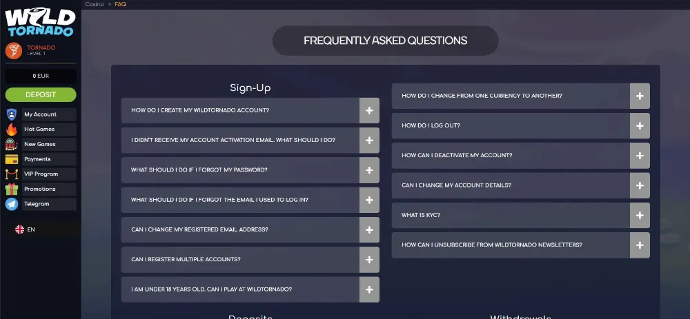 View of Wild Tornado FAQ page