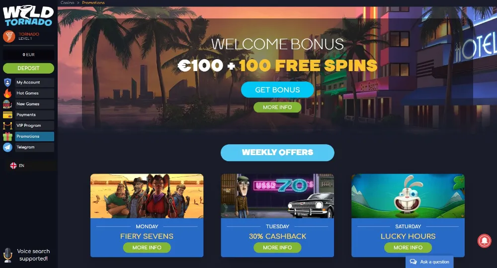 View of Wild Tornado casino Promotion pages