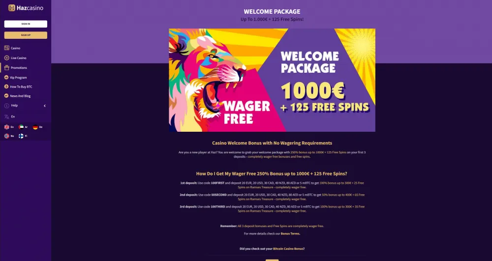 Hazcasino welcome bonus package overview